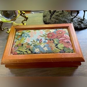 Vintage Tapestry and Wooden Pink Velvet Lined Jewelry Trinket Storage Box